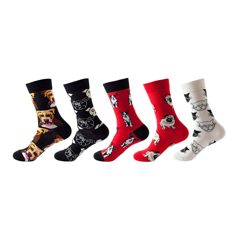 Anysox 5 Pairs One Size 5-11 Mixed Color Set Christmas Socks Cotton Fashion Dog and Cat Woman Skateboard Oil Paitiing