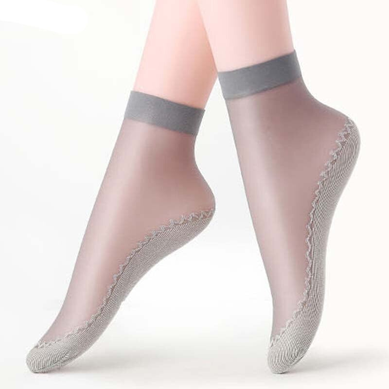 Anysox 10 Pairs Free Size Fashion Socks High Quality Velvet Silk Spring Summer Breathable Soft Cotton Bottom Wicking Slip-resistant for Women Grey