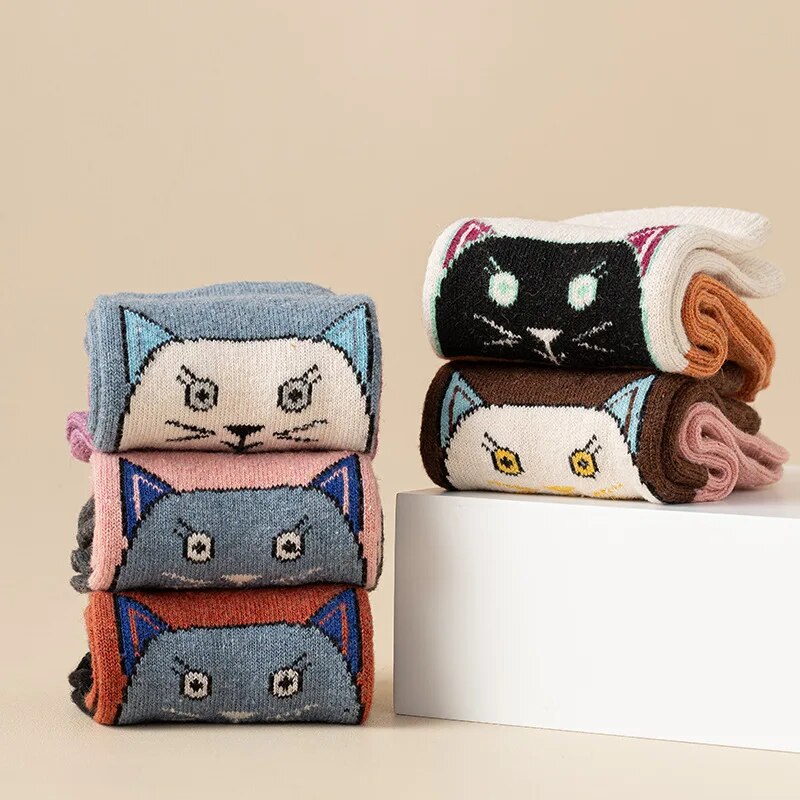 Anysox 5 Pairs Size 35-40 Mixed Color Cat Face Cartoon Fashion Socks High Quality Woollen Stockings Foot Wear