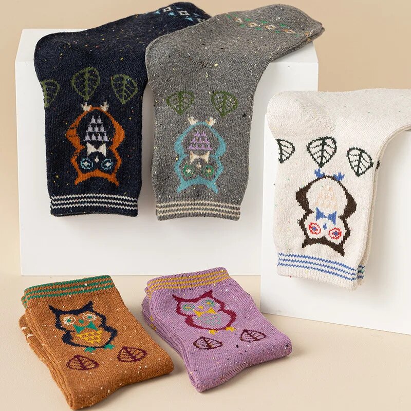 Anysox 5 Pairs Size 35-40 Mixed Color Owl Cartoon Fashion Socks High Quality Woollen Stockings Foot Wear