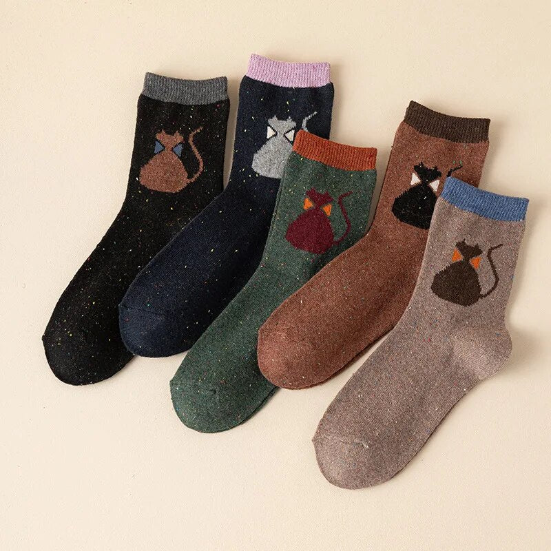 Anysox 5 Pairs Size 35-40 Mixed Color Cat Bowtie Cartoon Fashion Socks High Quality Woollen Stockings Foot Wear