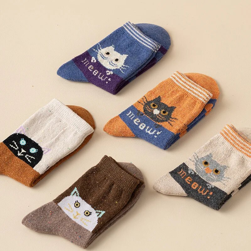 Anysox 5 Pairs Size 35-40 Mixed Color Cat Meow Cartoon Fashion Socks High Quality Woollen Stockings Foot Wear