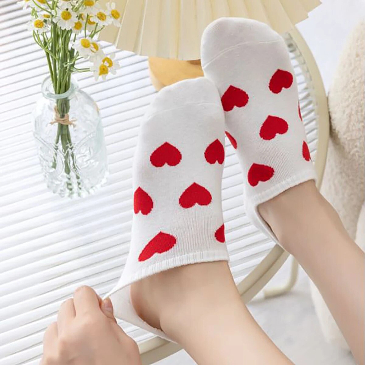 Anysox 5 Pairs Size 36-39 White with Red Hearts Fashion Socks High Quality Breathable Cotton Foor Wear for Ladies