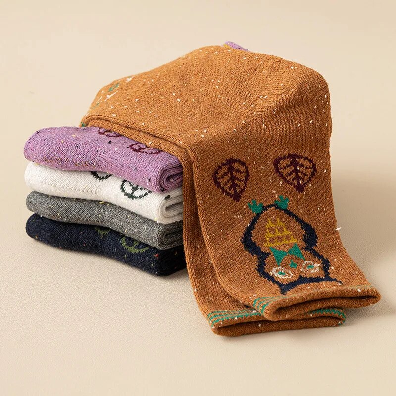 Anysox 5 Pairs Size 35-40 Mixed Color Owl Cartoon Fashion Socks High Quality Woollen Stockings Foot Wear