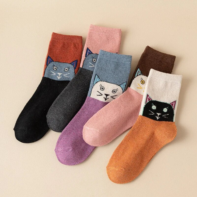 Anysox 5 Pairs Size 35-40 Mixed Color Cat Face Cartoon Fashion Socks High Quality Woollen Stockings Foot Wear