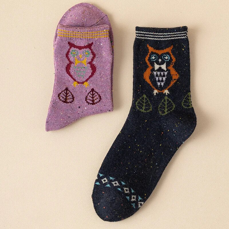Anysox 5 Pairs Size 35-40 Mixed Color Owl Cartoon Fashion Socks High Quality Woollen Stockings Foot Wear