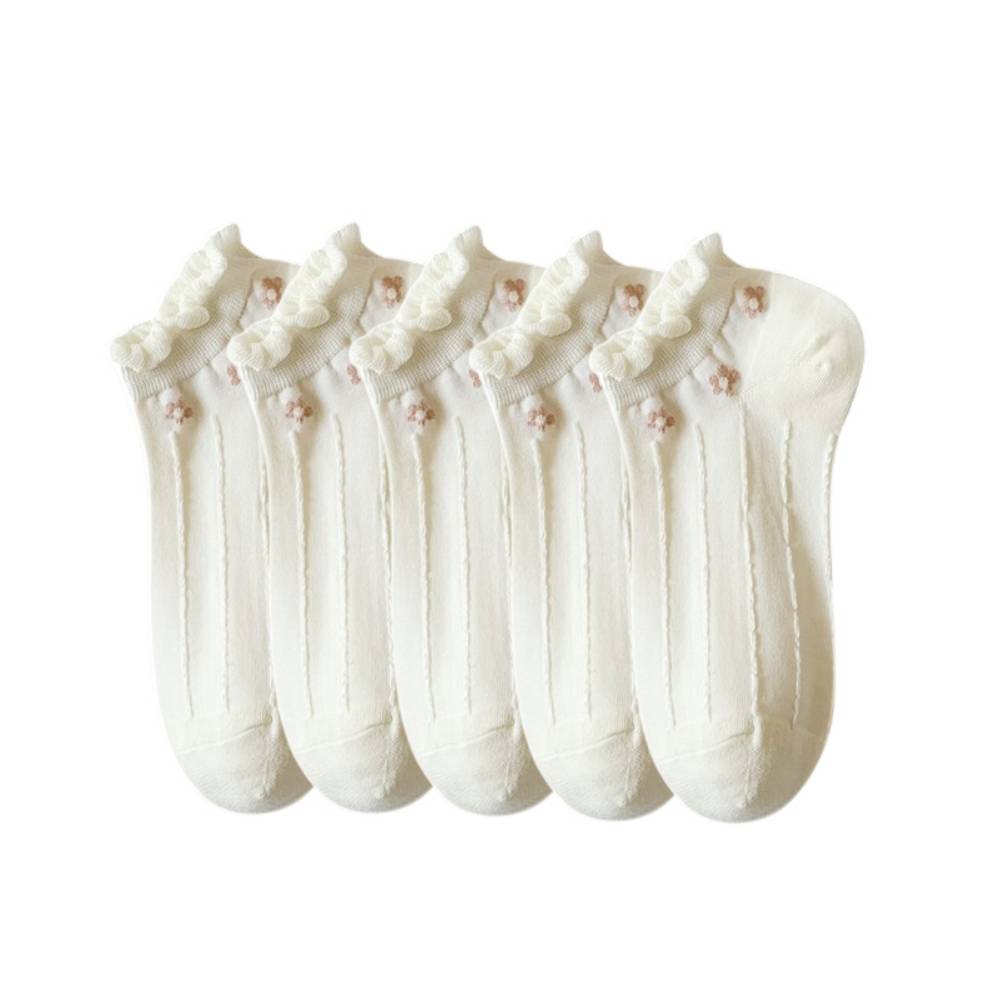 Anysox 5 Pairs One Size 35-40 Summer Short Boat Invisible Chaussette Flower Print Cotton Ankle Breathable Women Sock
