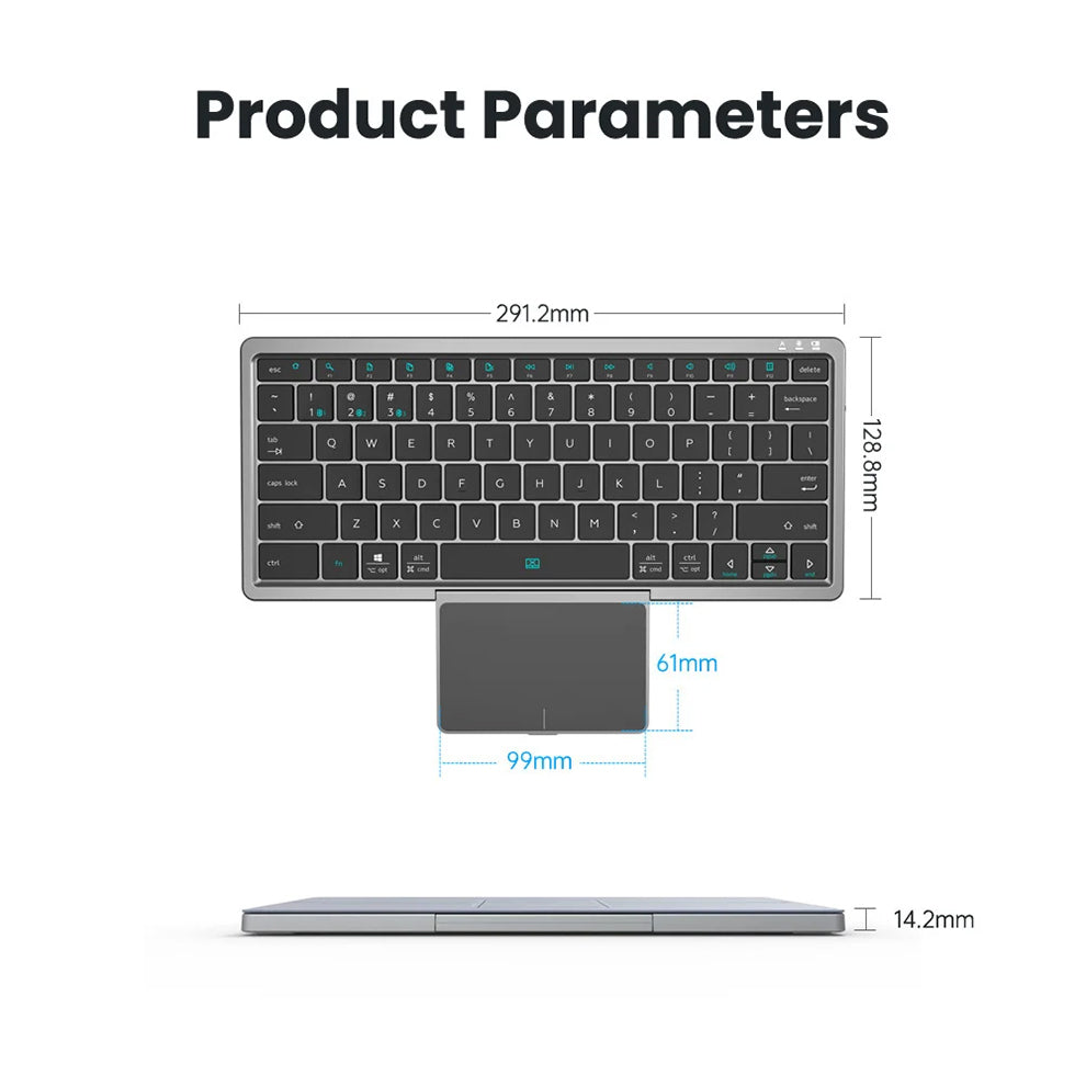 Anymob Bluetooth Keyboard Silver Mini Foldable Wireless With Touchpad