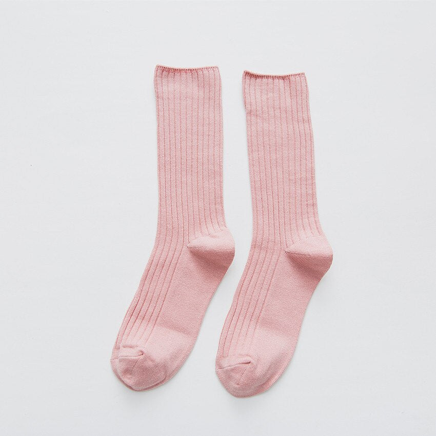 Anysox 5 Pairs One Size 36-43 Pink Retro Long Knitted Socks Cotton Autumn Winter Solid Color Women Student Girls