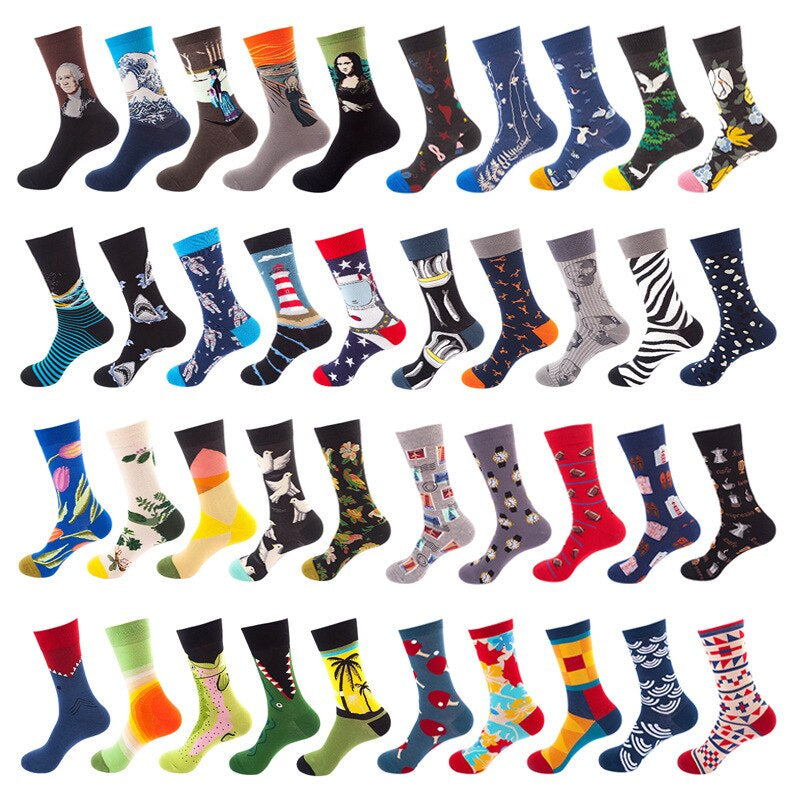 Anysox 5 Pairs One Size 5-11 Mixed Color Set Christmas Socks Cotton Fashion Dog and Cat Woman Skateboard Oil Paitiing