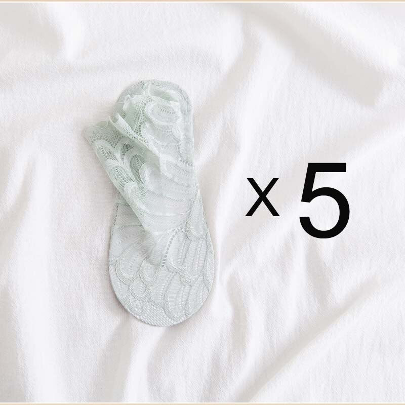 Anysox 5 Pairs One Size 4-5 Light Green Ankle Socks With Lace Peacock Flower Design