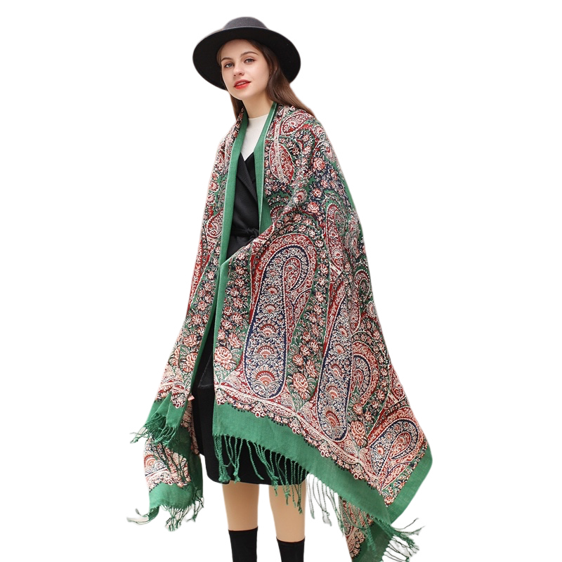 Anyyou 100% Merino Wool Patterns and Greens Silk Satin Scarf for Women