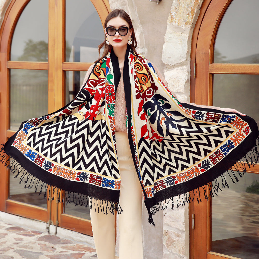 Anyyou 100% Merino Wool Black Beige Garden Neck Wrap Silk Satin Scarf for Women