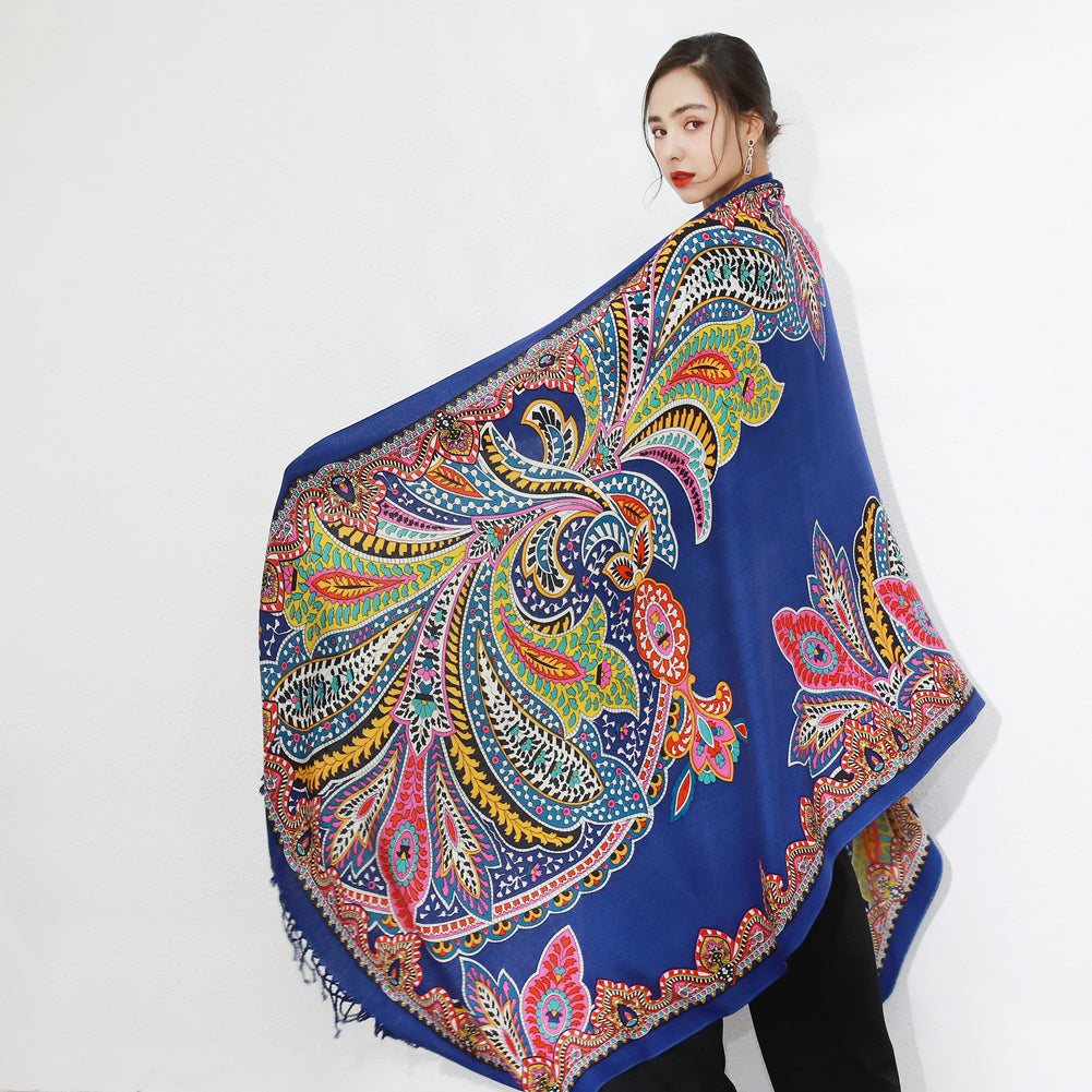 Anyyou 100% Merino Wool Royal Blue Silk Satin Scarf for Women