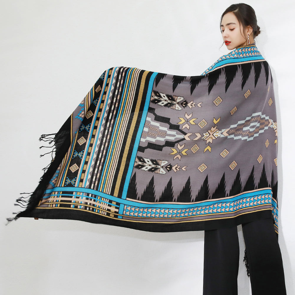 Anyyou 100% Merino Wool Grey and Triangles Neck Wrap Silk Satin Scarf for Women