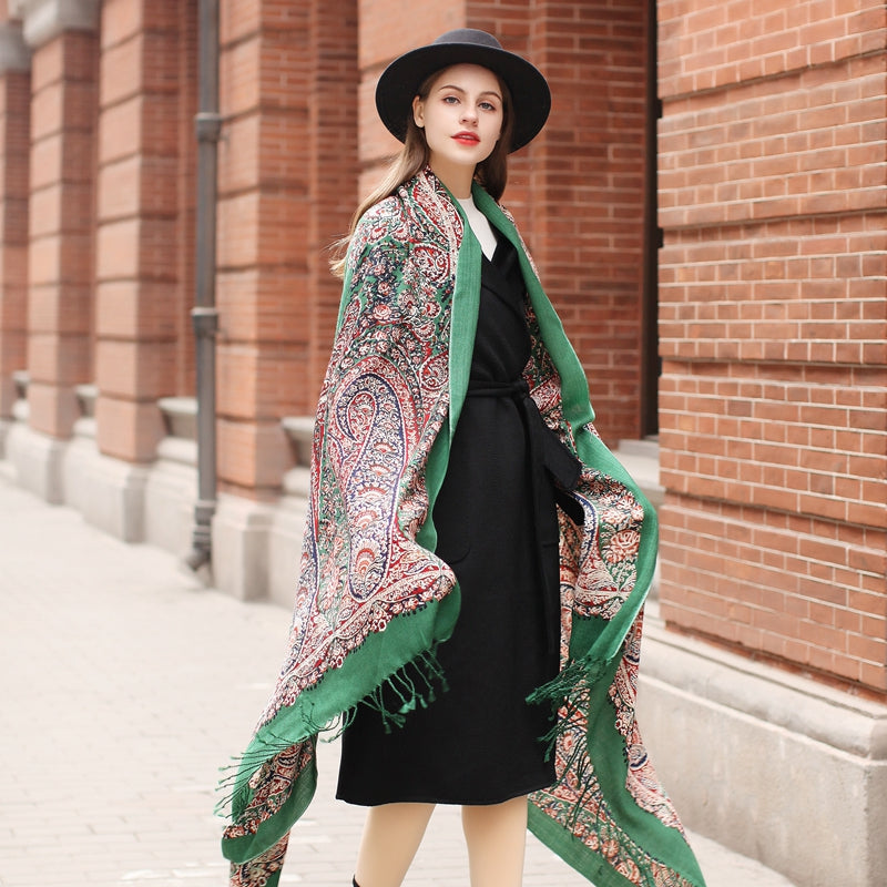 Anyyou 100% Merino Wool Patterns and Greens Silk Satin Scarf for Women