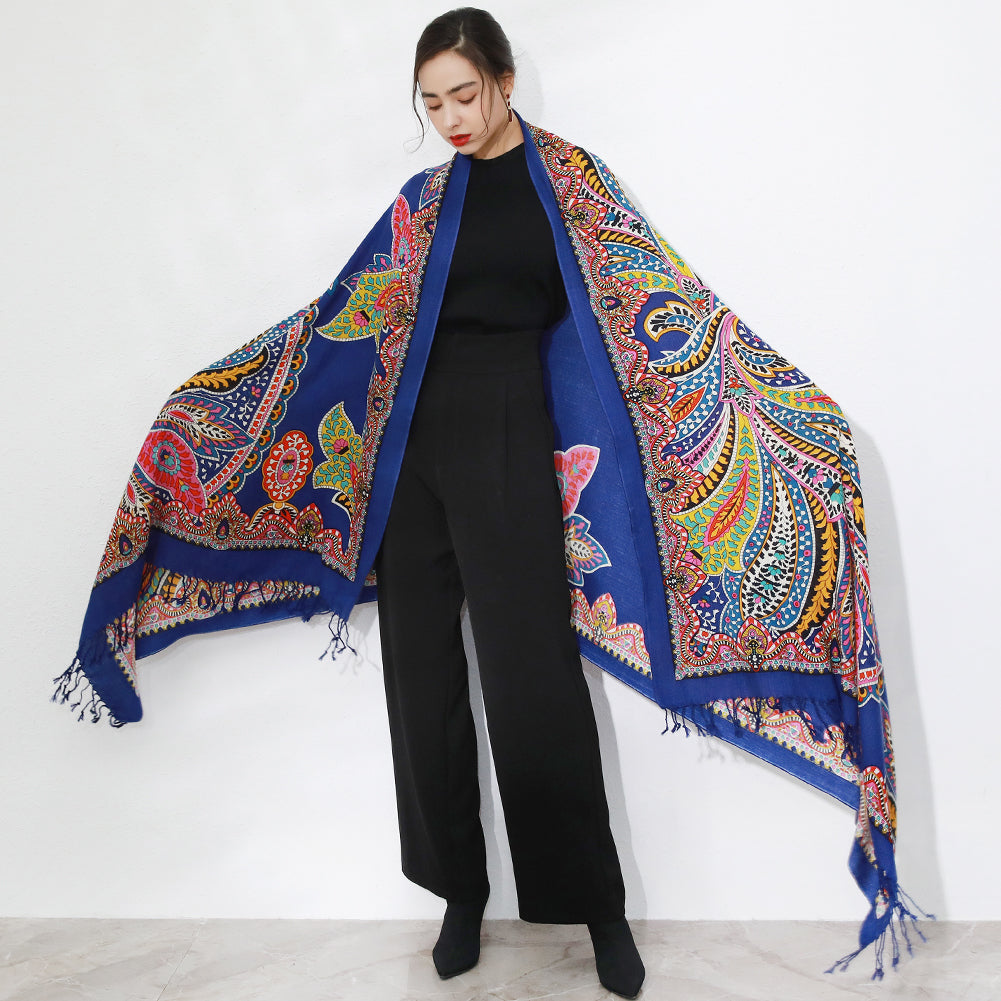 Anyyou 100% Merino Wool Royal Blue Silk Satin Scarf for Women