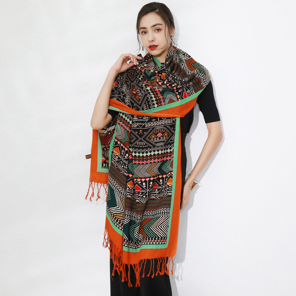 Anyyou 100% Merino Wool Orange and Patterns Neck Wrap Silk Satin Scarf for Women