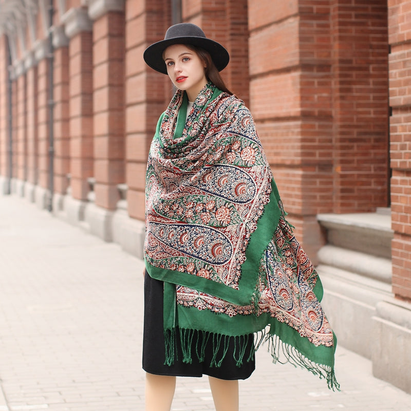 Anyyou 100% Merino Wool Patterns and Greens Silk Satin Scarf for Women