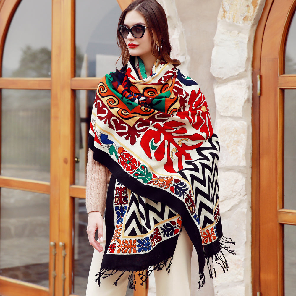 Anyyou 100% Merino Wool Black Beige Garden Neck Wrap Silk Satin Scarf for Women