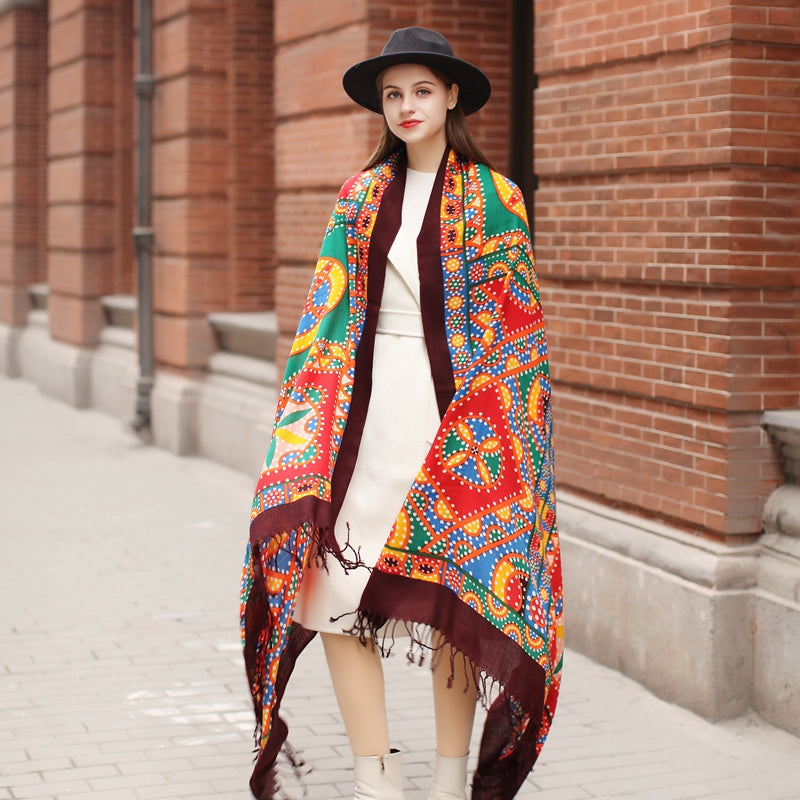 Anyyou 100% Merino Wool Burgundy Tribal Silk Satin Scarf for Women