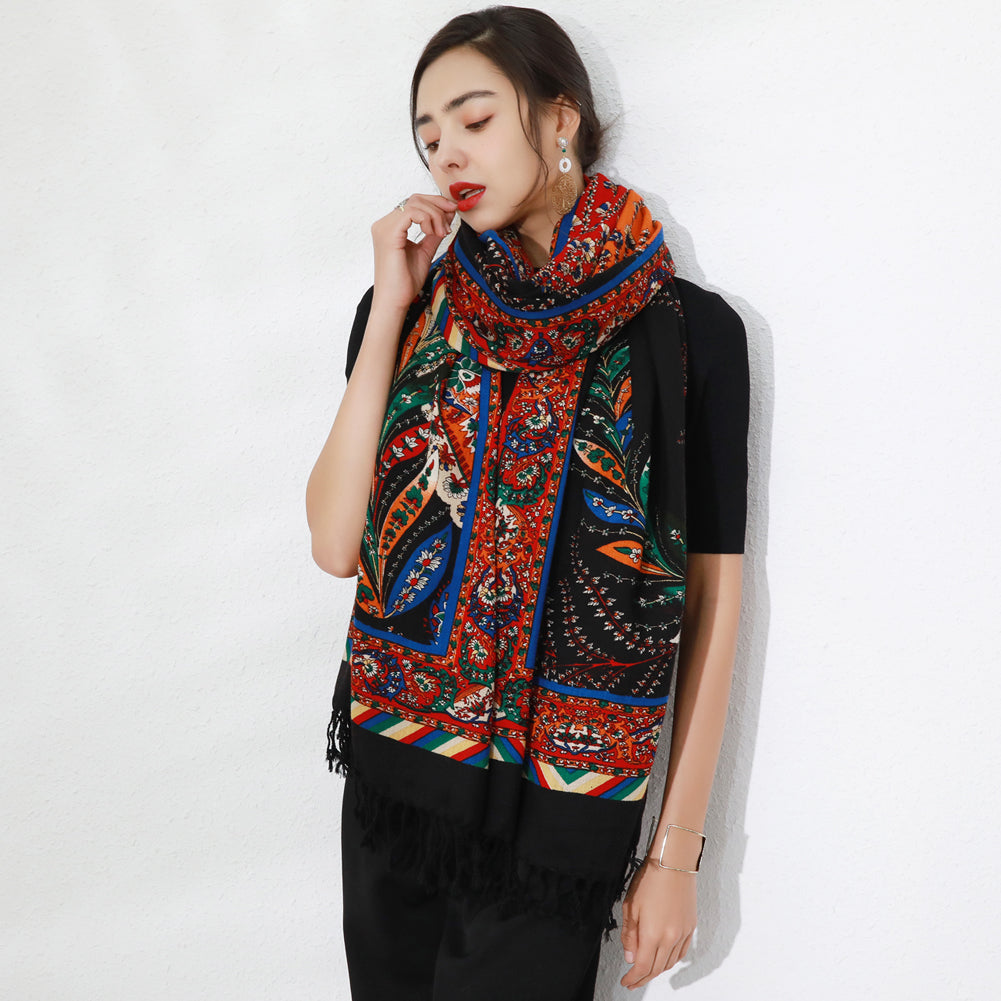 Anyyou 100% Merino Wool Multi-color Black Burgundy Silk Satin Scarf for Women