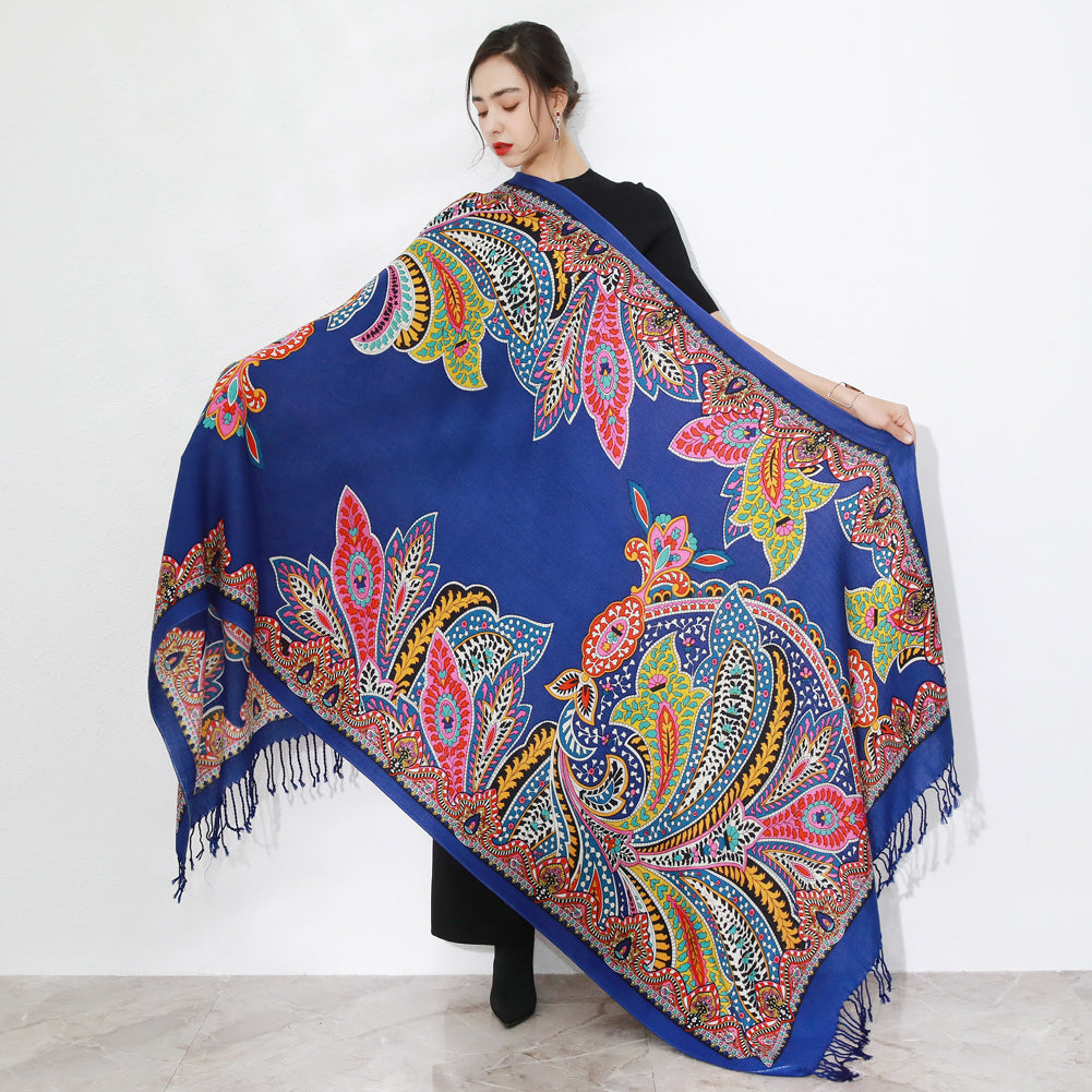 Anyyou 100% Merino Wool Royal Blue Silk Satin Scarf for Women