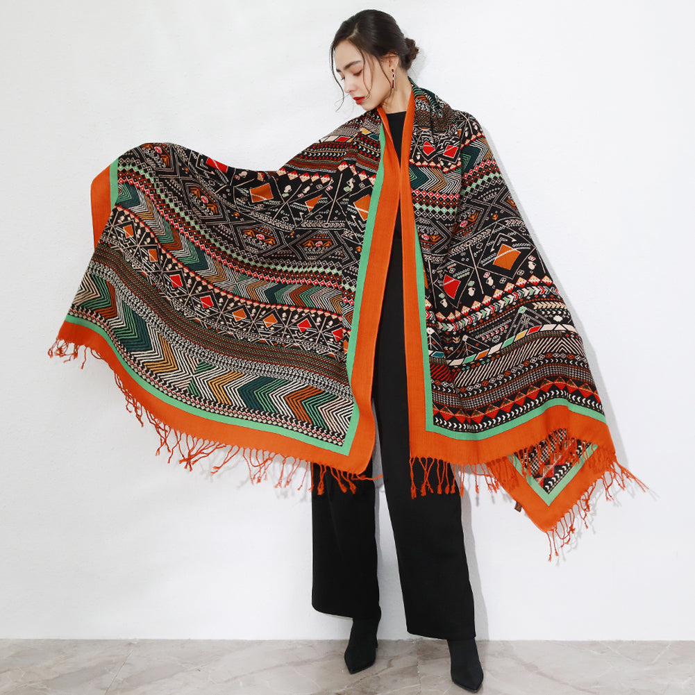 Anyyou 100% Merino Wool Orange and Patterns Neck Wrap Silk Satin Scarf for Women