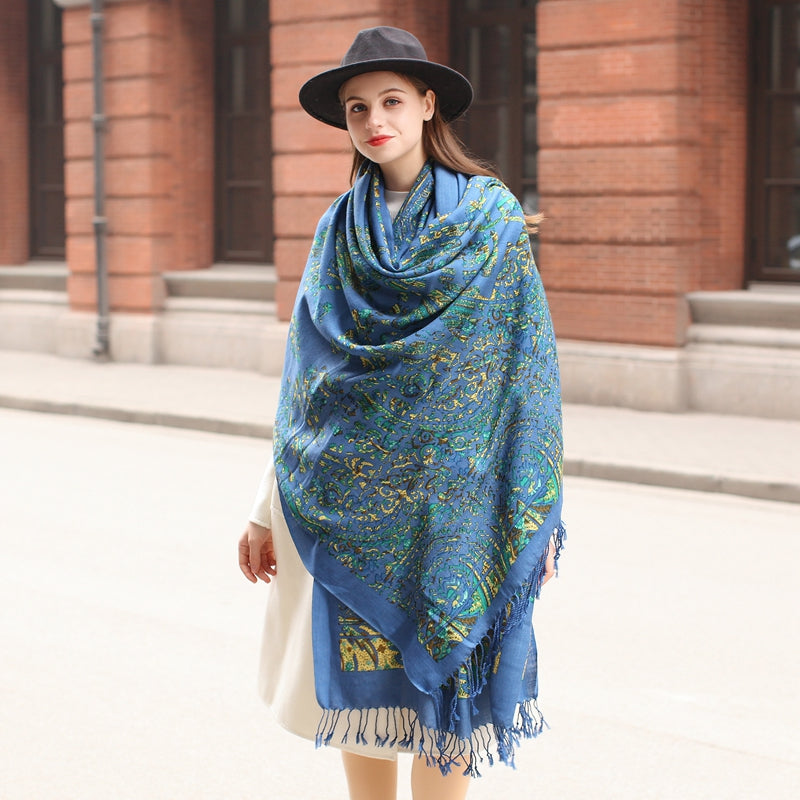 Anyyou 100% Merino Wool French Blue Silk Satin Scarf for Women