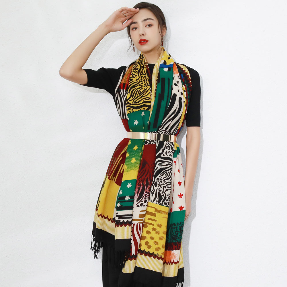 Anyyou 100% Merino Wool Yellow Multi Pattern Silk Satin Scarf for Women