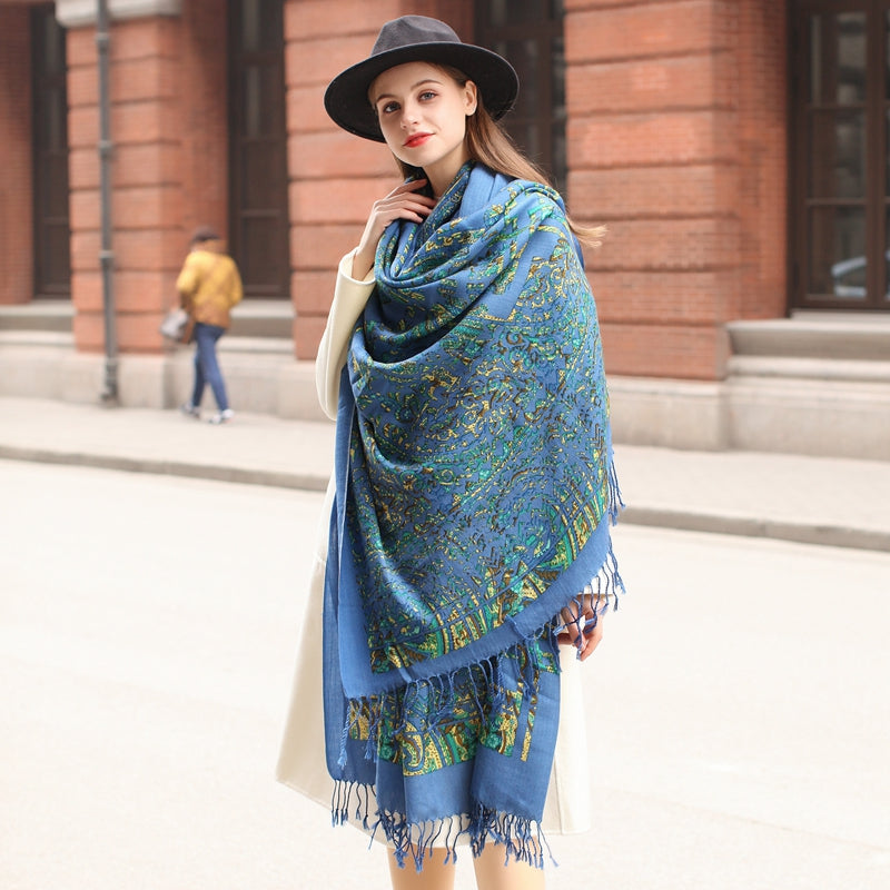Anyyou 100% Merino Wool French Blue Silk Satin Scarf for Women