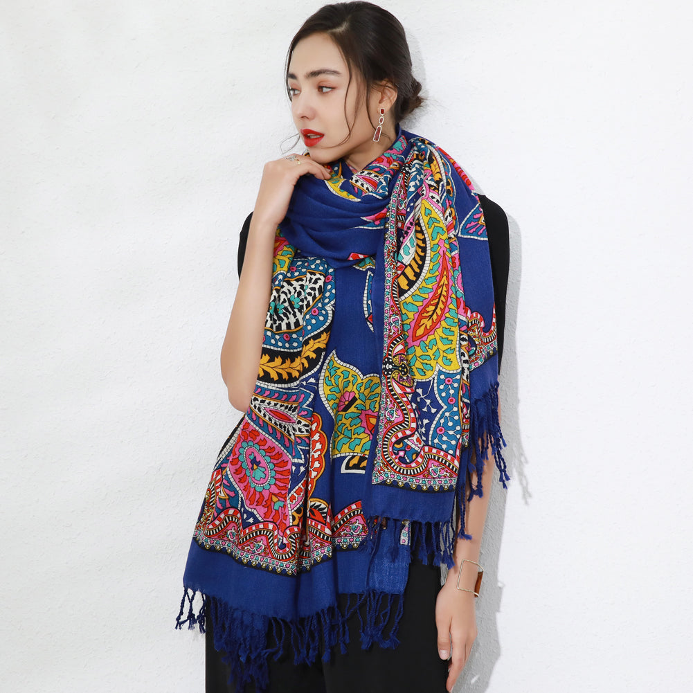 Anyyou 100% Merino Wool Royal Blue Silk Satin Scarf for Women
