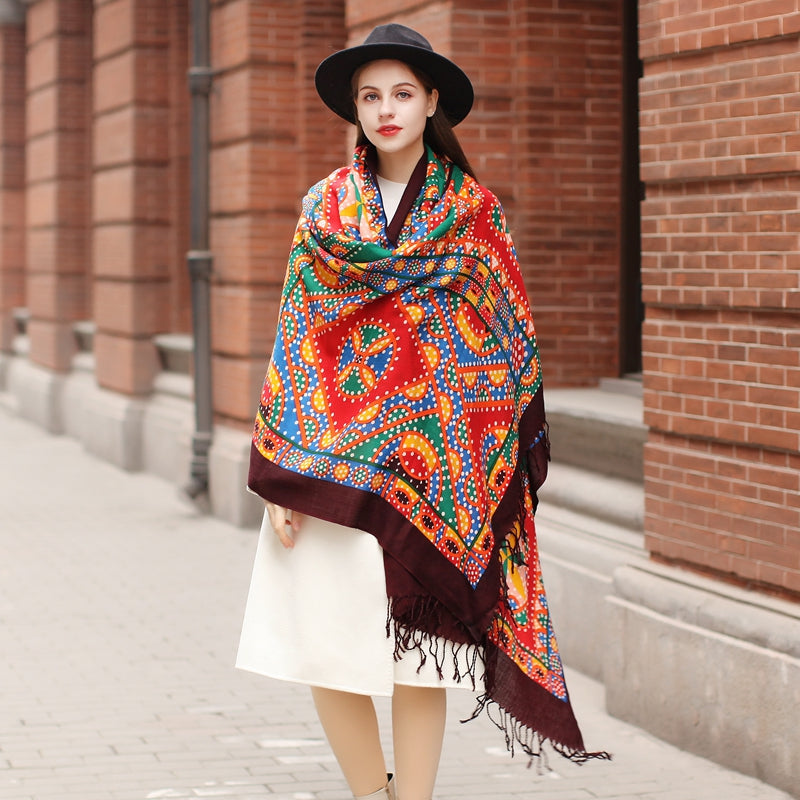 Anyyou 100% Merino Wool Burgundy Tribal Silk Satin Scarf for Women