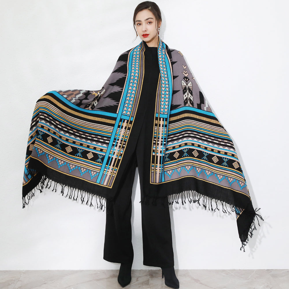 Anyyou 100% Merino Wool Grey and Triangles Neck Wrap Silk Satin Scarf for Women
