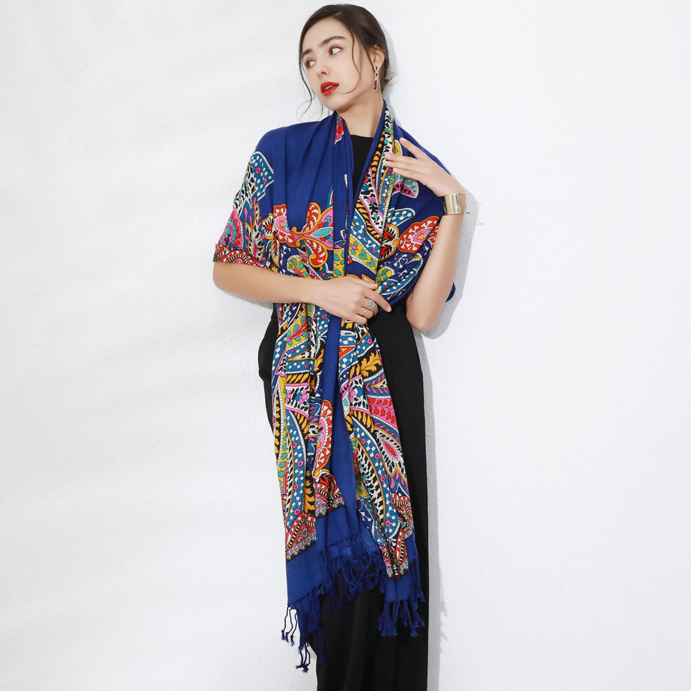 Anyyou 100% Merino Wool Royal Blue Silk Satin Scarf for Women