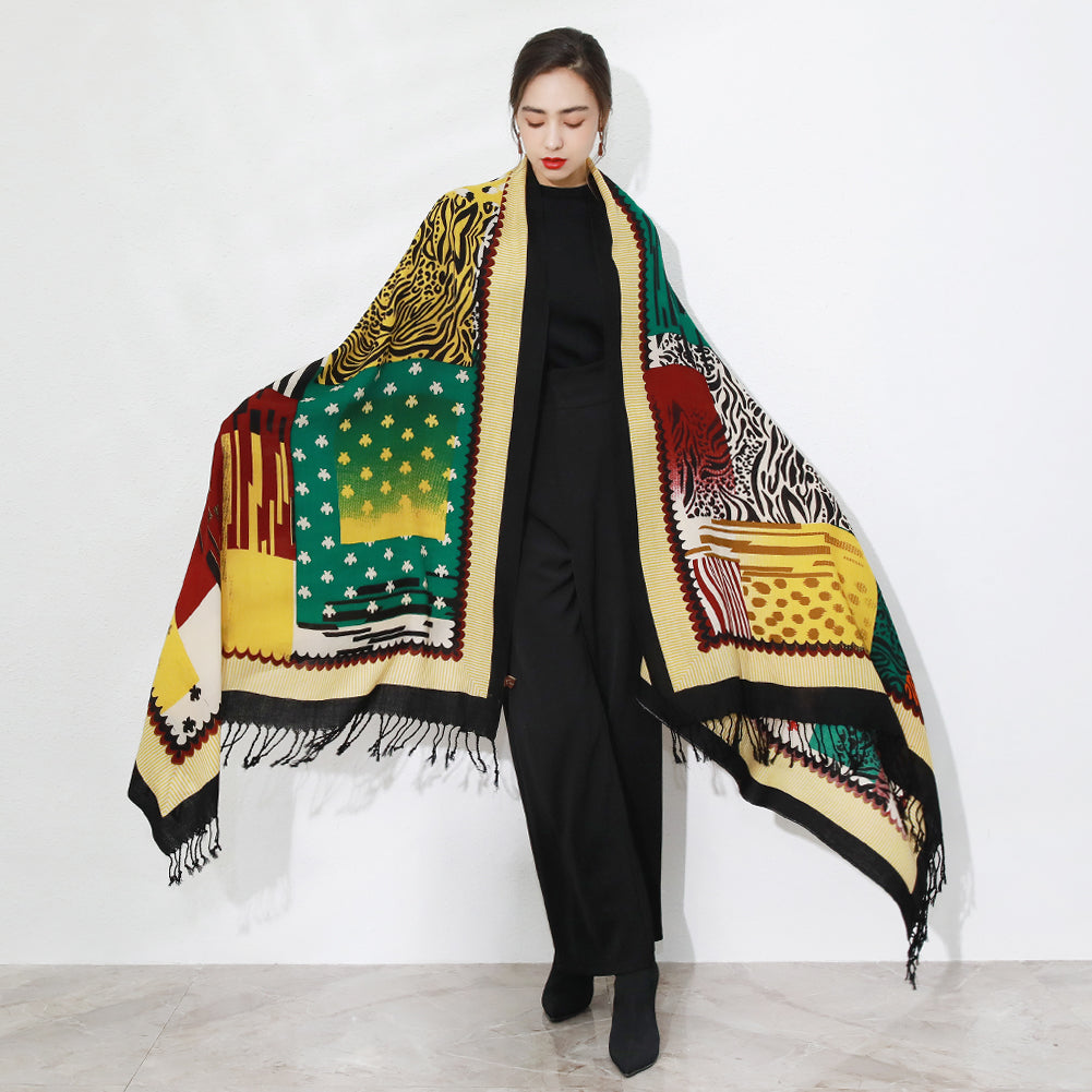 Anyyou 100% Merino Wool Yellow Multi Pattern Silk Satin Scarf for Women
