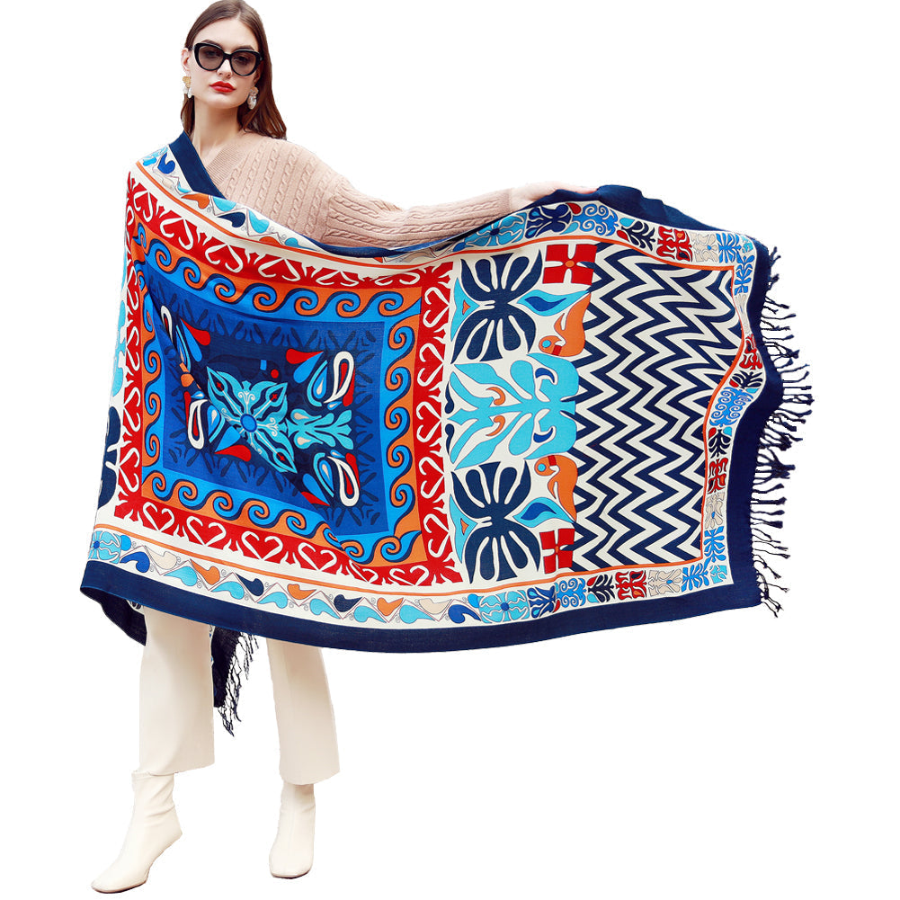 Anyyou 100% Merino Wool Blue Chevron Neck Wrap Silk Satin Scarf for Women
