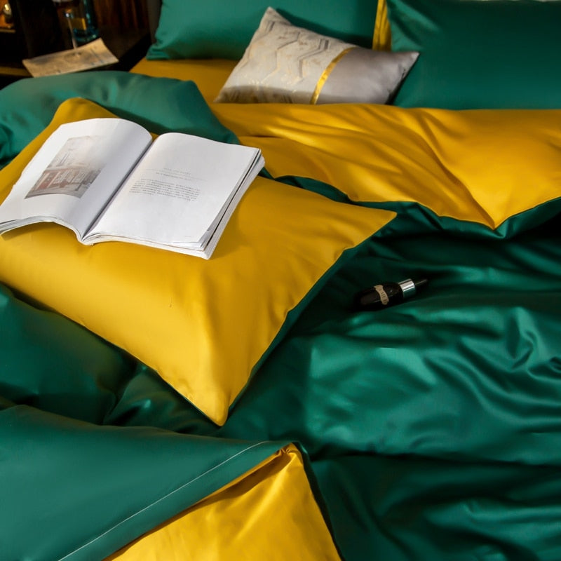 Anycozy Duvet Comforter Set Full Deep Green/ Yellow Blanket Bedspread 4 Pcs Bed Set
