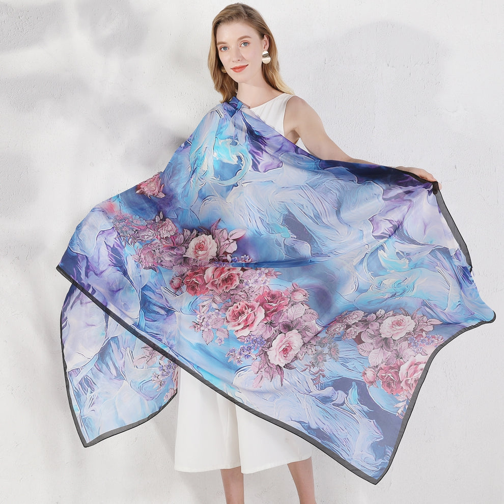Anyyou 100% Mulberry Silk Light Blue Long Scarf for Women