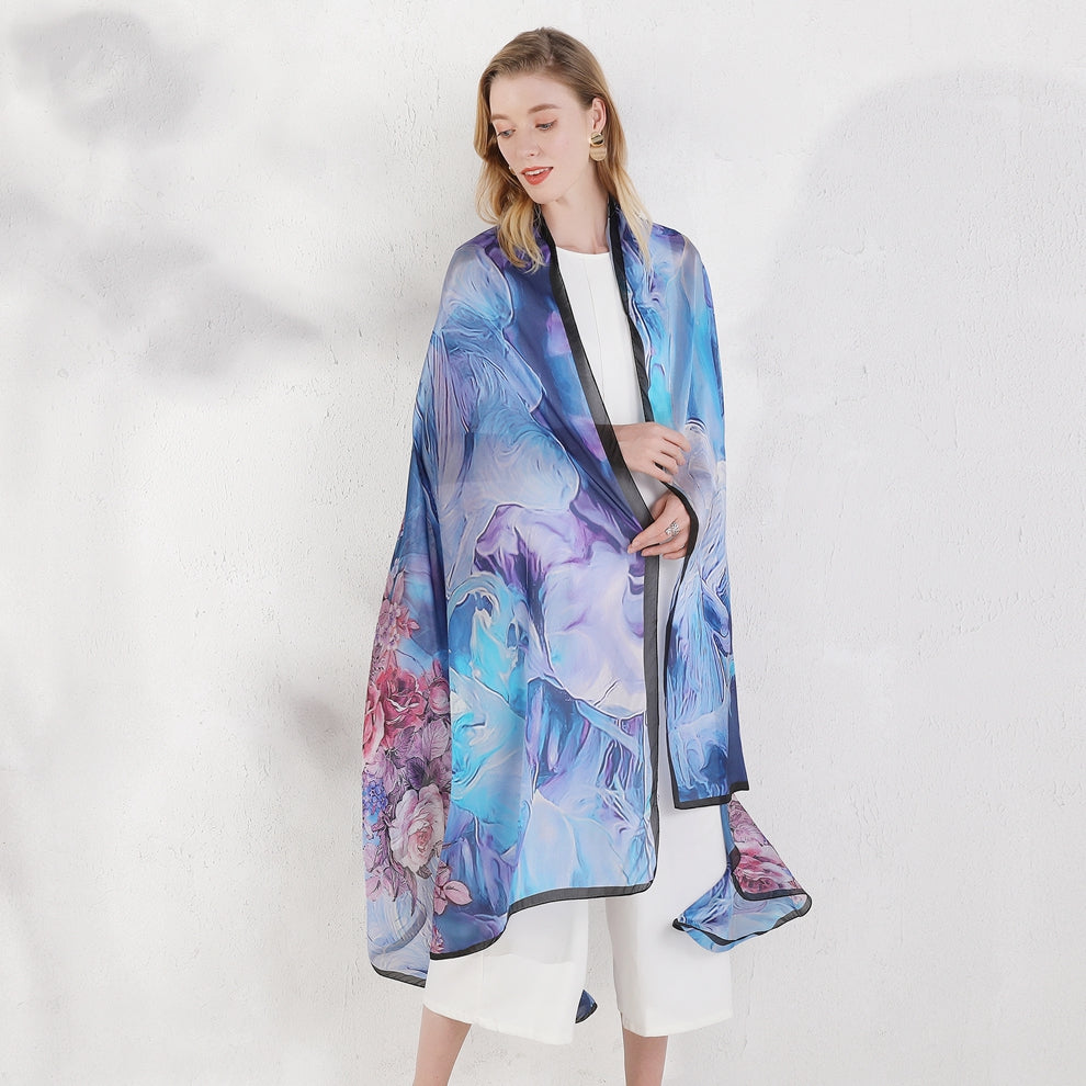 Anyyou 100% Mulberry Silk Light Blue Long Scarf for Women