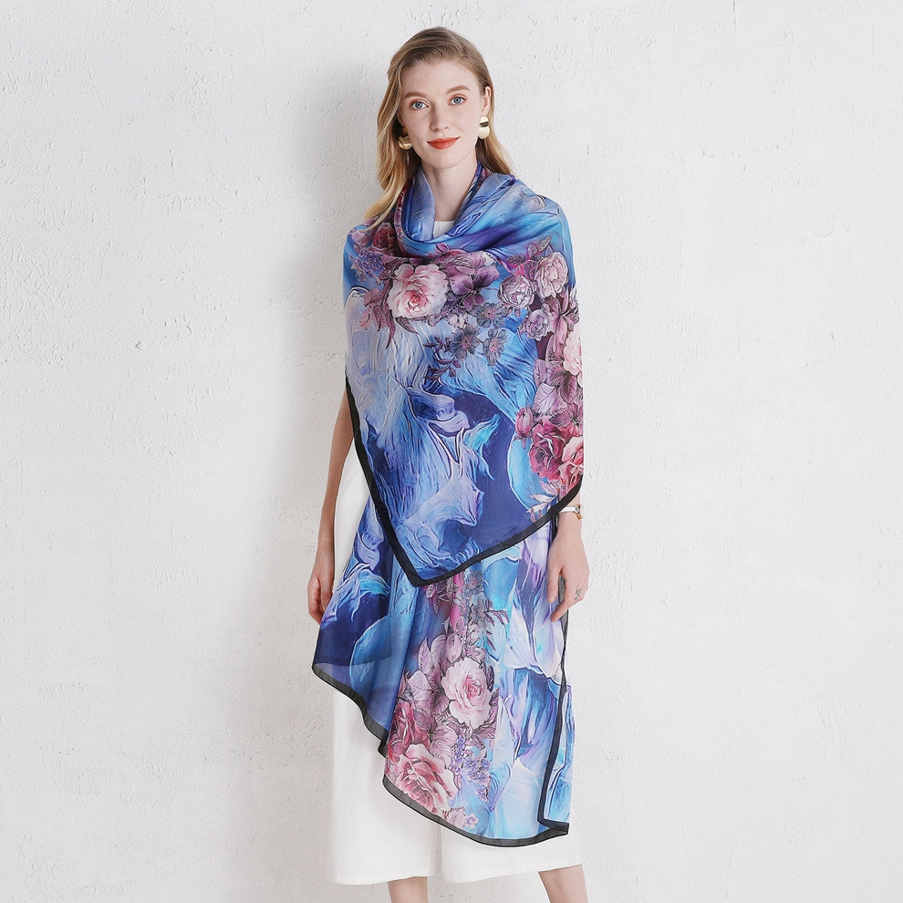 Anyyou 100% Mulberry Silk Light Blue Long Scarf for Women
