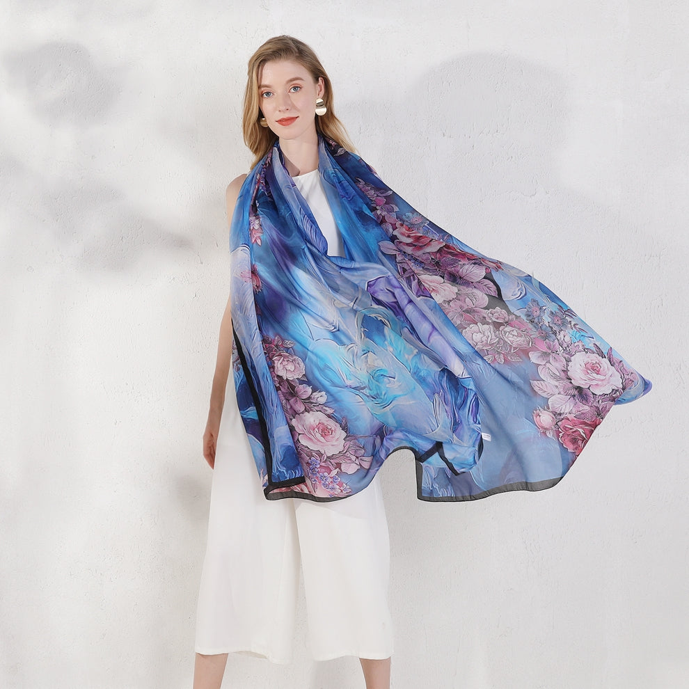 Anyyou 100% Mulberry Silk Light Blue Long Scarf for Women