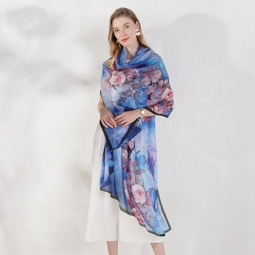 Anyyou 100% Mulberry Silk Light Blue Long Scarf for Women