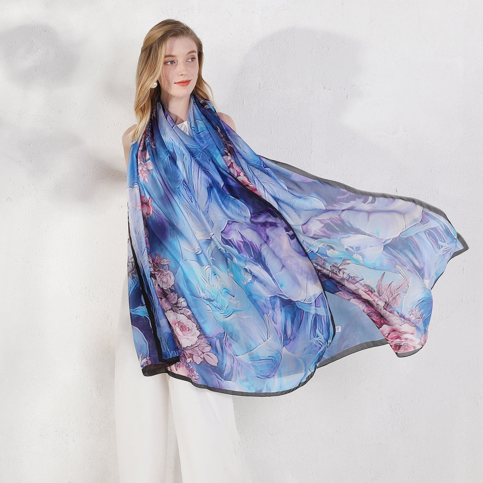 Anyyou 100% Mulberry Silk Light Blue Long Scarf for Women