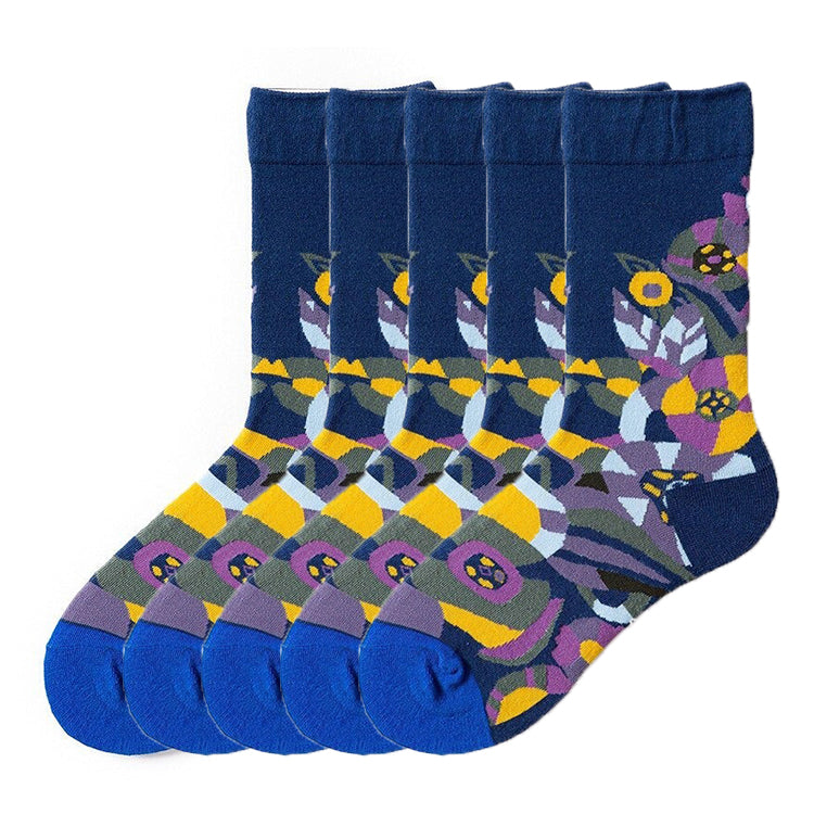 Anysox 5 Pairs Dark Blue Size 5-9 Sock High-Quality Knitted Long Sock With Art Design