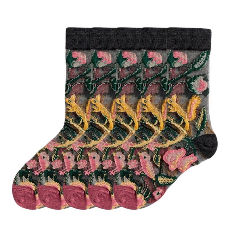 Anysox 5 Pairs Black Size 5-9 Sock Harajuku Crystal Silk Tide Socks With Flower Vines Design