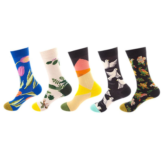 Anysox 5 Pairs One Size 5-11 Mixed Color Set Christmas Socks Bird Cotton Fashion Woman Skateboard Oil Paitiing
