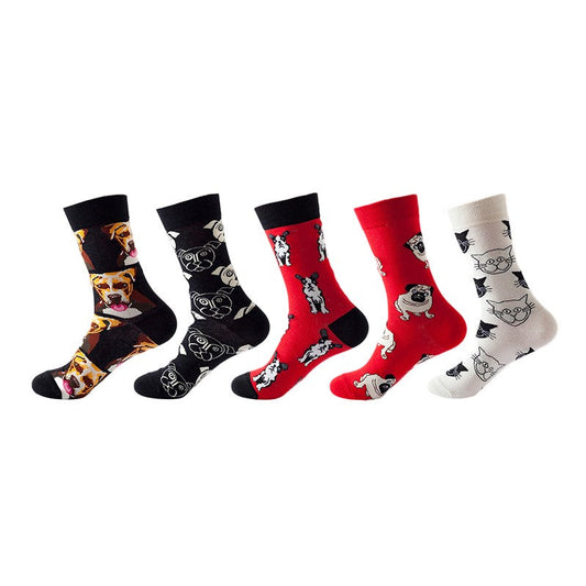 Anysox 5 Pairs One Size 5-11 Mixed Color Set Christmas Socks Cotton Fashion Dog and Cat Woman Skateboard Oil Paitiing