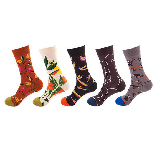 Anysox 5 Pairs One Size 5-11 Mixed Color Set Christmas Socks Animals Cotton Fashion Woman Skateboard Oil Paitiing