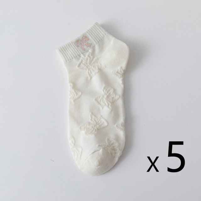 Anysox 5 Pairs One Size 35-40 Women Socks Summer Cute Cartoon Ribbon Print White Female Casual Socks